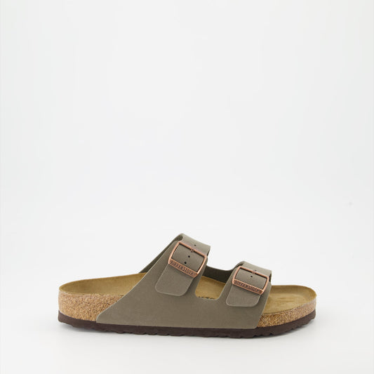 Birkenstock sandals, Arizona slides, synthetic leather sandals, taupe footwear, luxury comfort