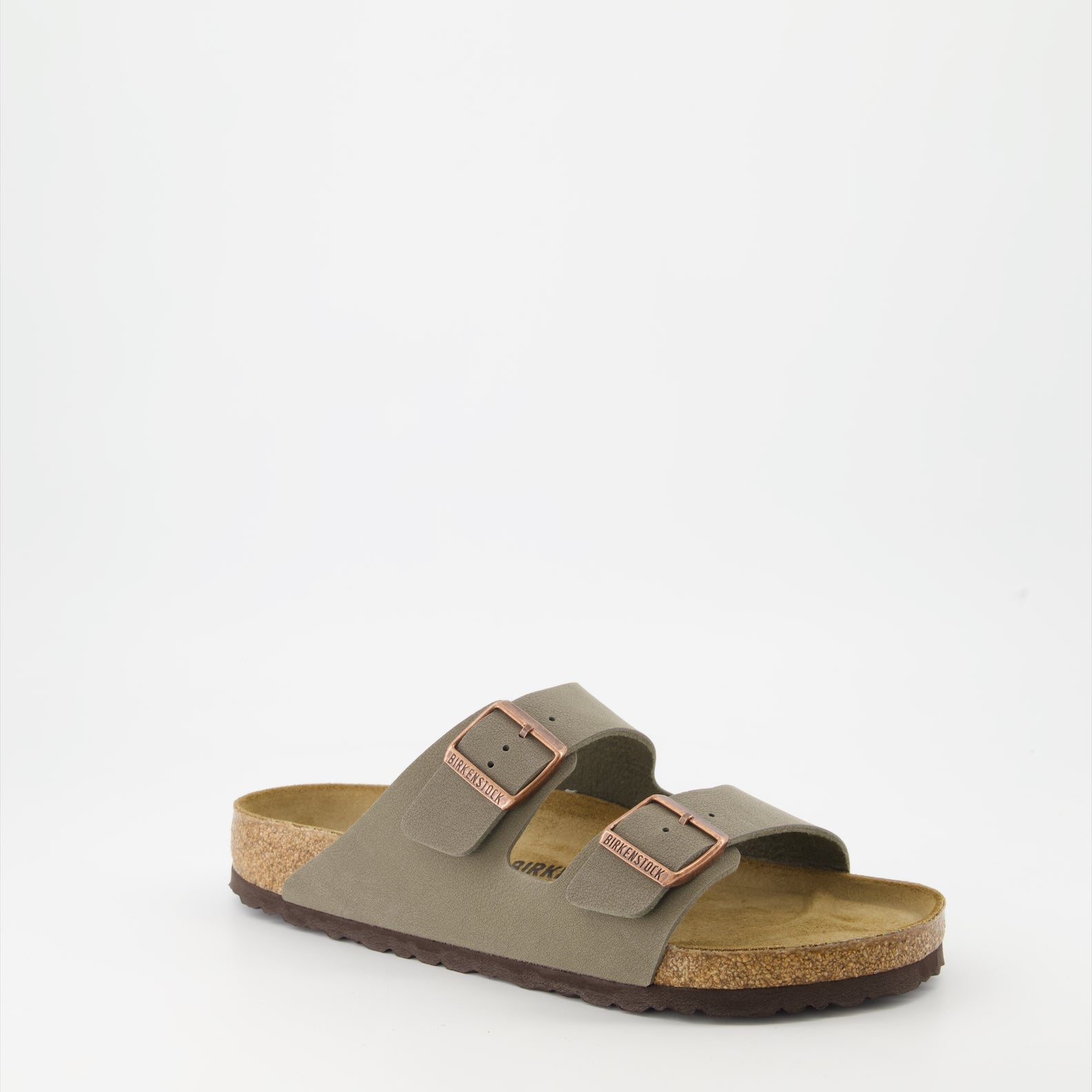 Birkenstock sandals, Arizona slides, synthetic leather sandals, taupe footwear, luxury comfort