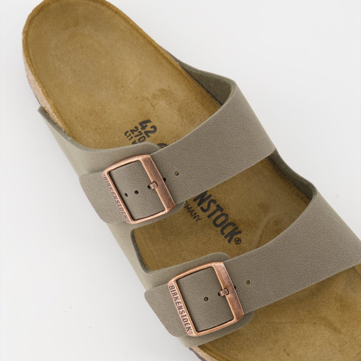 Birkenstock sandals, Arizona slides, synthetic leather sandals, taupe footwear, luxury comfort