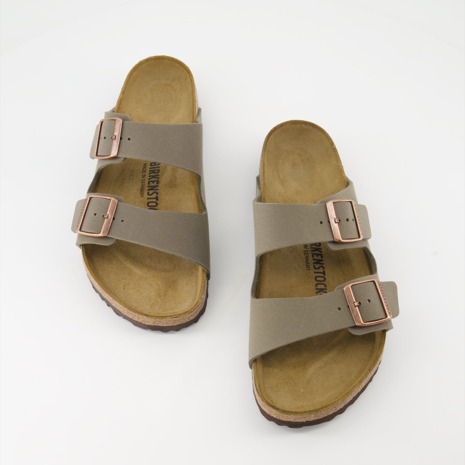 Birkenstock sandals, Arizona slides, synthetic leather sandals, taupe footwear, luxury comfort