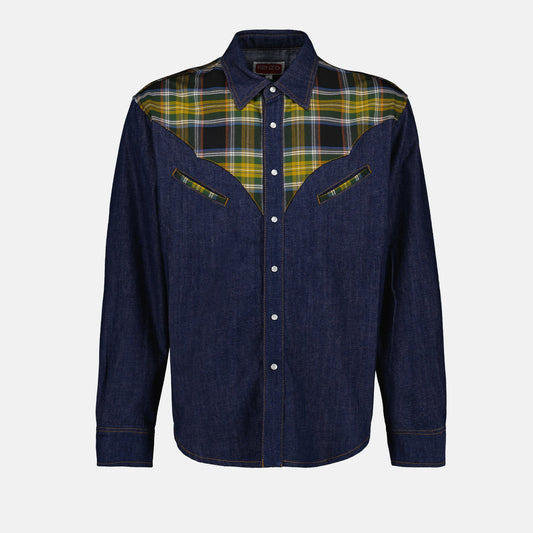 luxury plaid shirt, Kenzo denim, high-end fashion, designer casual wear, premium denim shirt