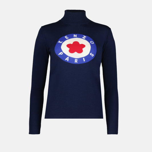 Kenzo sweater, luxury turtleneck, women's knitwear, high-end fashion, blue pullover