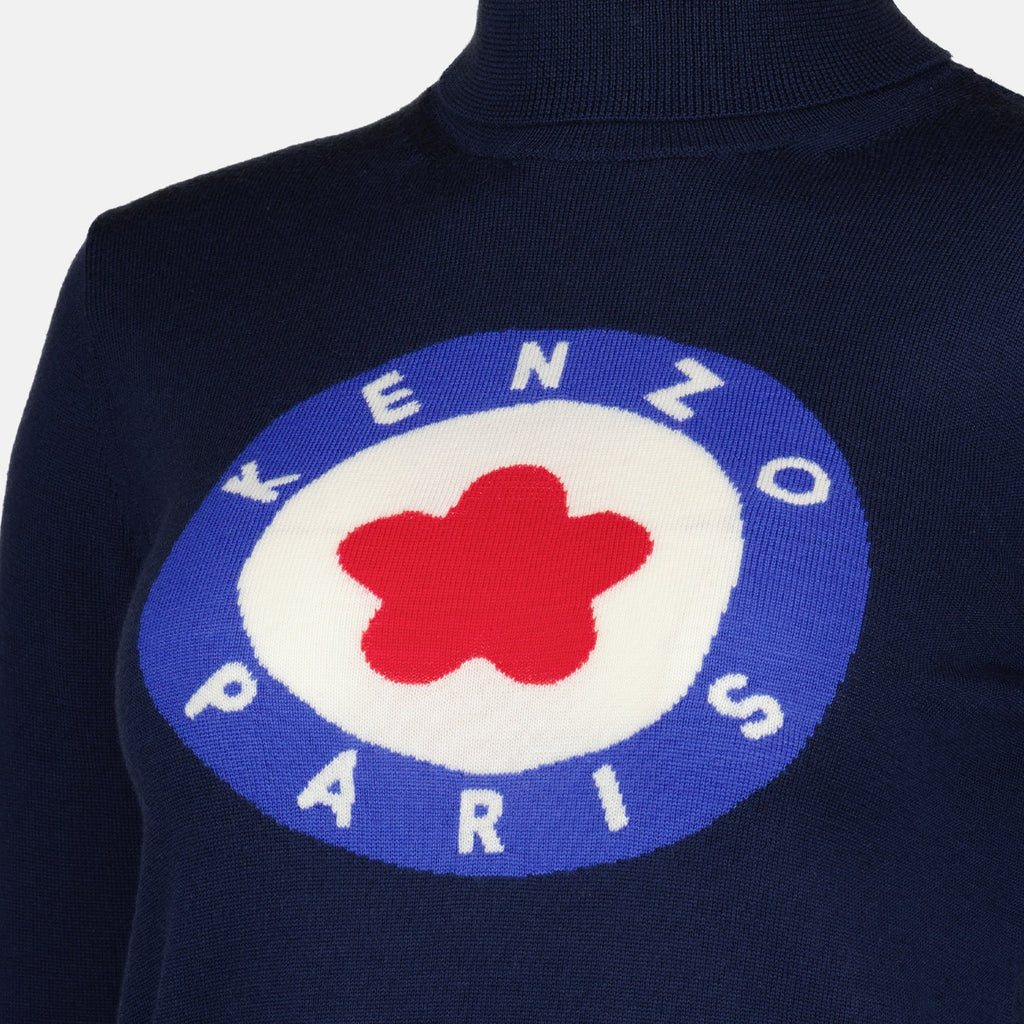 Kenzo sweater, luxury turtleneck, women's knitwear, high-end fashion, blue pullover