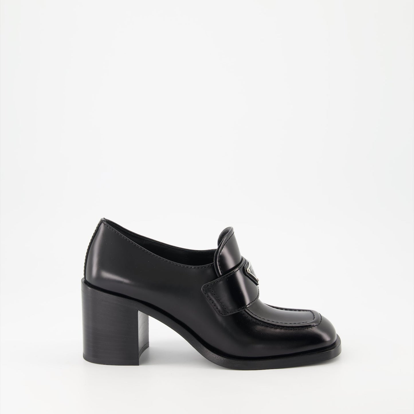 Prada leather moccasins, high-heeled moccasins, women's luxury shoes, polished leather footwear, designer moccasins