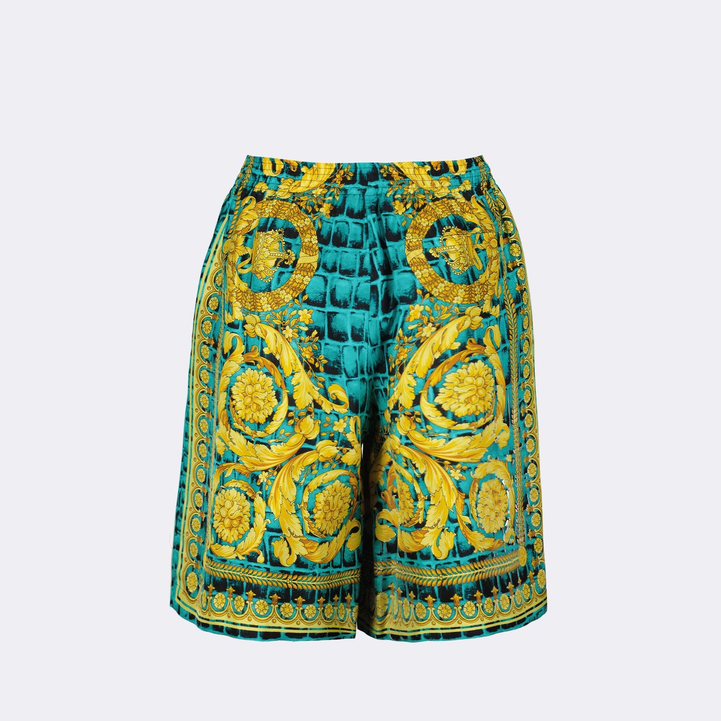 Versace, Silk shorts, Luxury clothing, Baroque pattern, Designer fashion