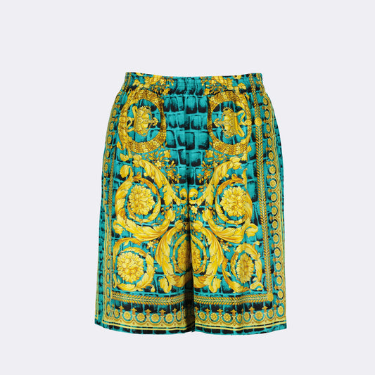 Versace, Silk shorts, Luxury clothing, Baroque pattern, Designer fashion