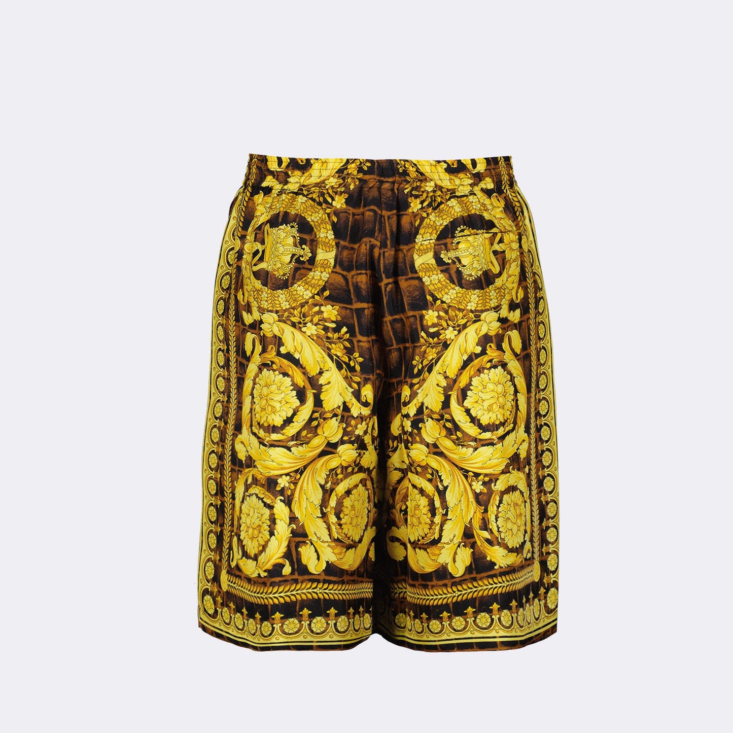 silk shorts, luxury shorts, Versace Baroccodile, brown silk, elegant men's shorts