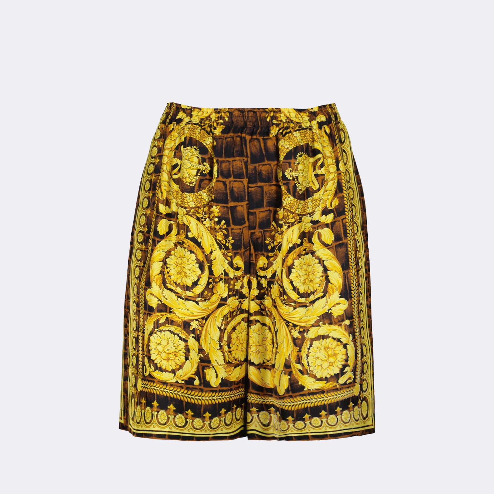 silk shorts, luxury shorts, Versace Baroccodile, brown silk, elegant men's shorts