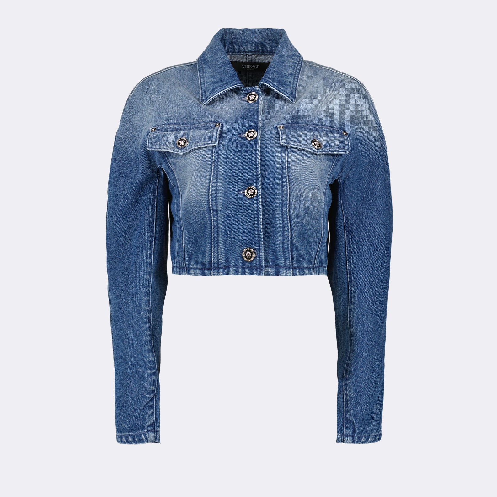 Versace, cropped denim jacket, luxury fashion, high-end denim, designer jacket