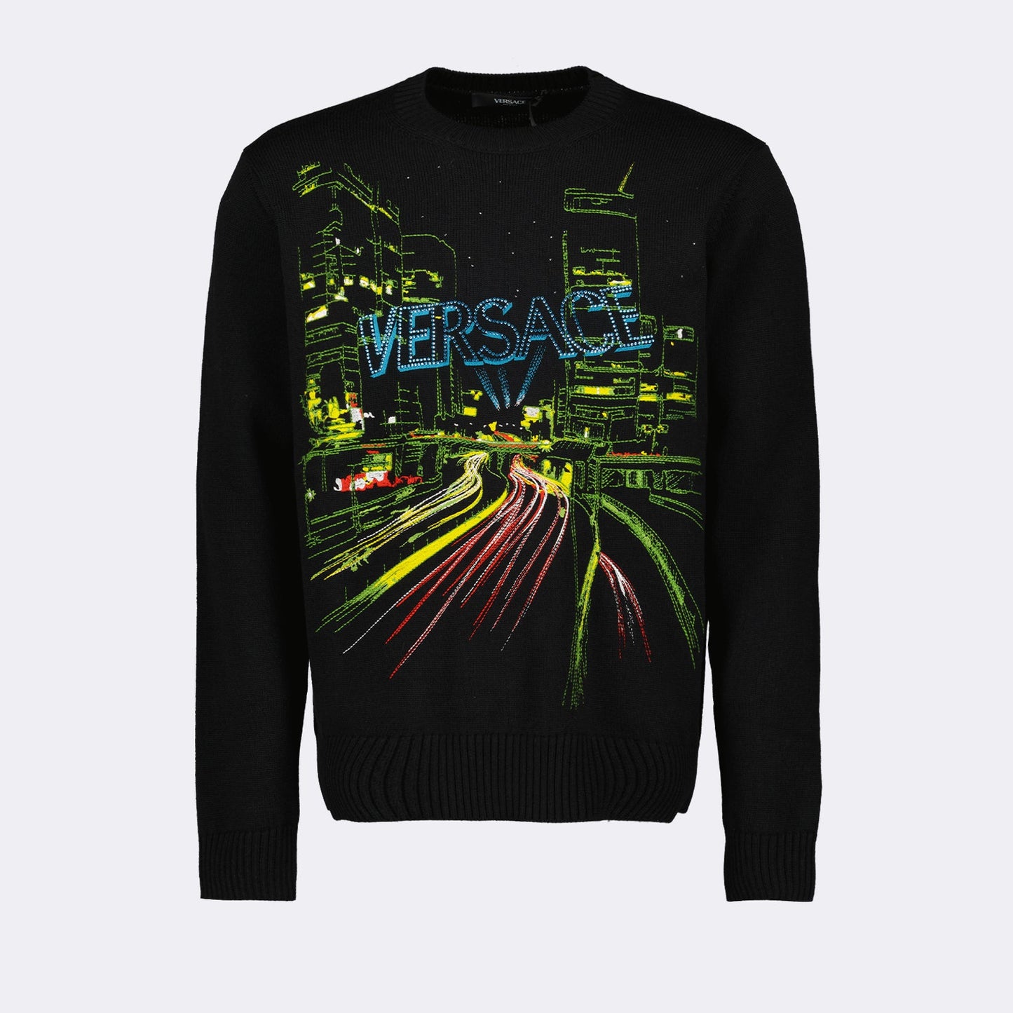 Versace sweater, men's luxury fashion, City Lights design, urban style, high-end clothing