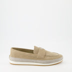 Luxury suede moccasins, Prada beige footwear, elegant men's accessories, Italian suede shoes, high-end moccasins