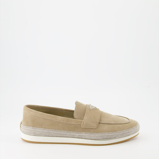 Luxury suede moccasins, Prada beige footwear, elegant men's accessories, Italian suede shoes, high-end moccasins