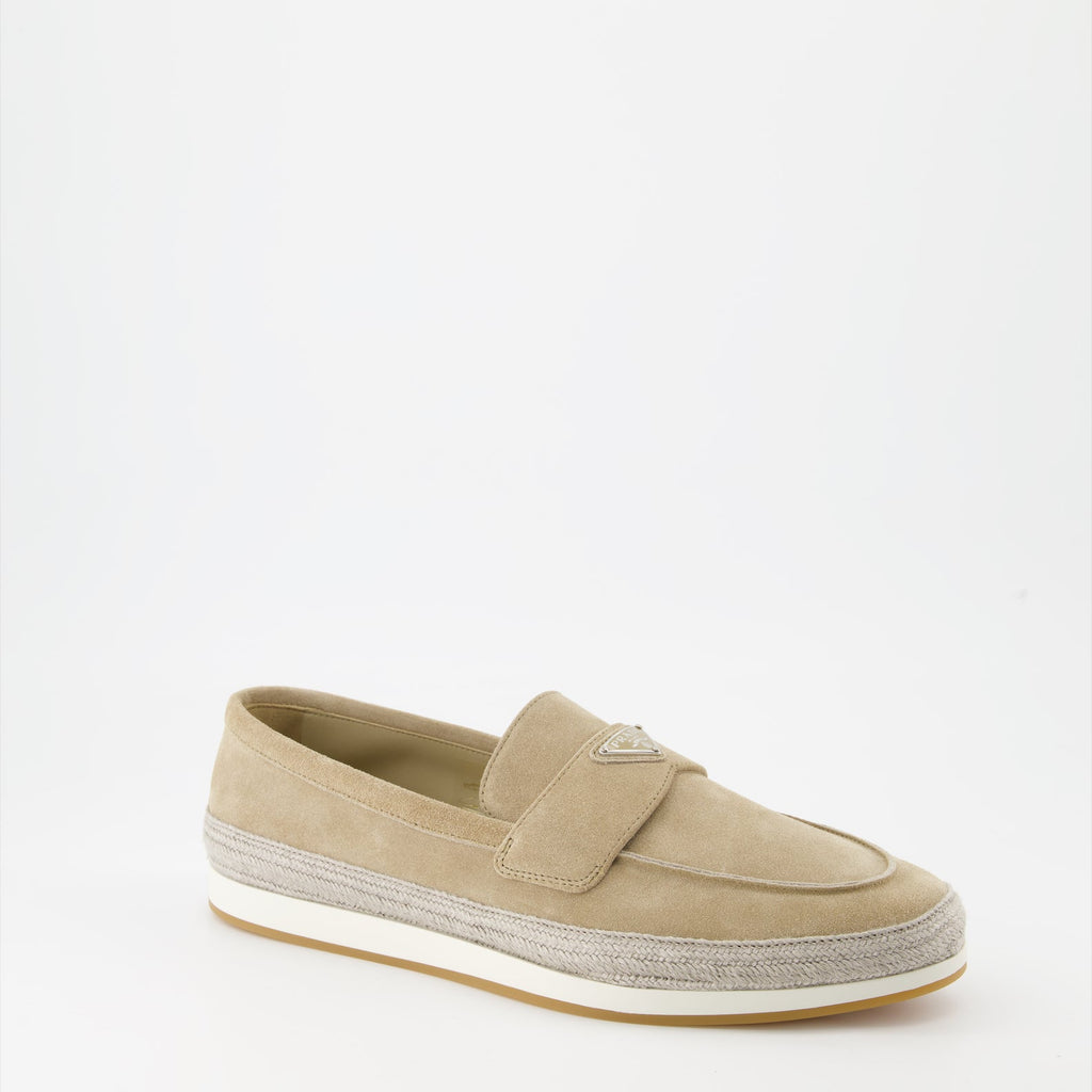 Luxury suede moccasins, Prada beige footwear, elegant men's accessories, Italian suede shoes, high-end moccasins
