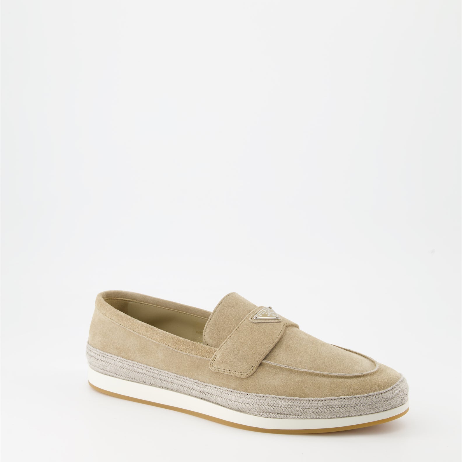 Luxury suede moccasins, Prada beige footwear, elegant men's accessories, Italian suede shoes, high-end moccasins