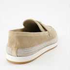 Luxury suede moccasins, Prada beige footwear, elegant men's accessories, Italian suede shoes, high-end moccasins