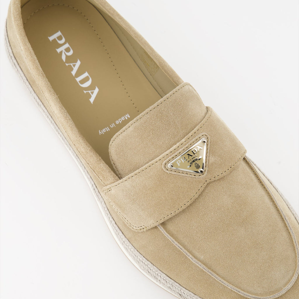 Luxury suede moccasins, Prada beige footwear, elegant men's accessories, Italian suede shoes, high-end moccasins