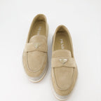 Luxury suede moccasins, Prada beige footwear, elegant men's accessories, Italian suede shoes, high-end moccasins