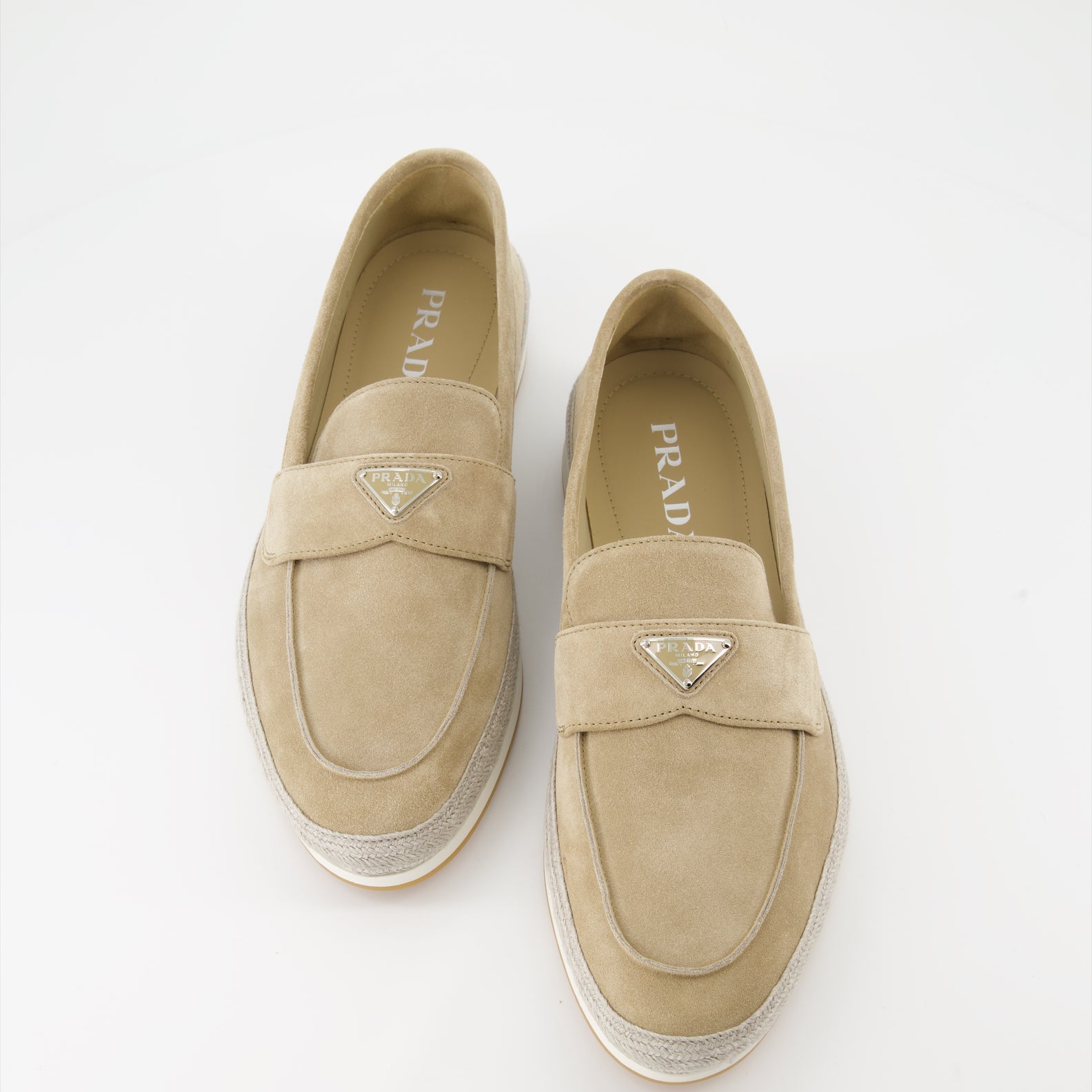 Luxury suede moccasins, Prada beige footwear, elegant men's accessories, Italian suede shoes, high-end moccasins