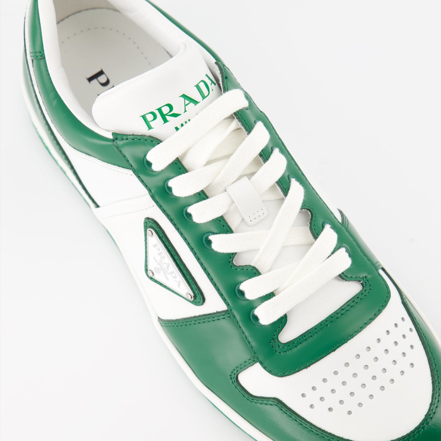 luxury sneakers, Prada Downtown, white leather sneakers, green leather sneakers, stylish sneakers