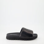 luxury slides, Prada slides, leather slides, black nappa leather, designer footwear
