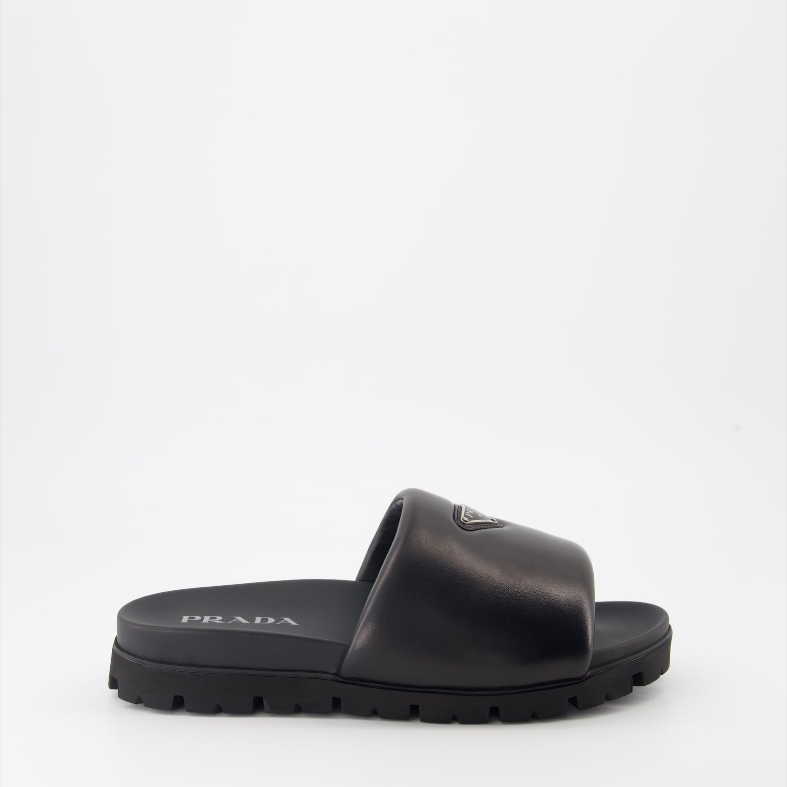 luxury slides, Prada slides, leather slides, black nappa leather, designer footwear