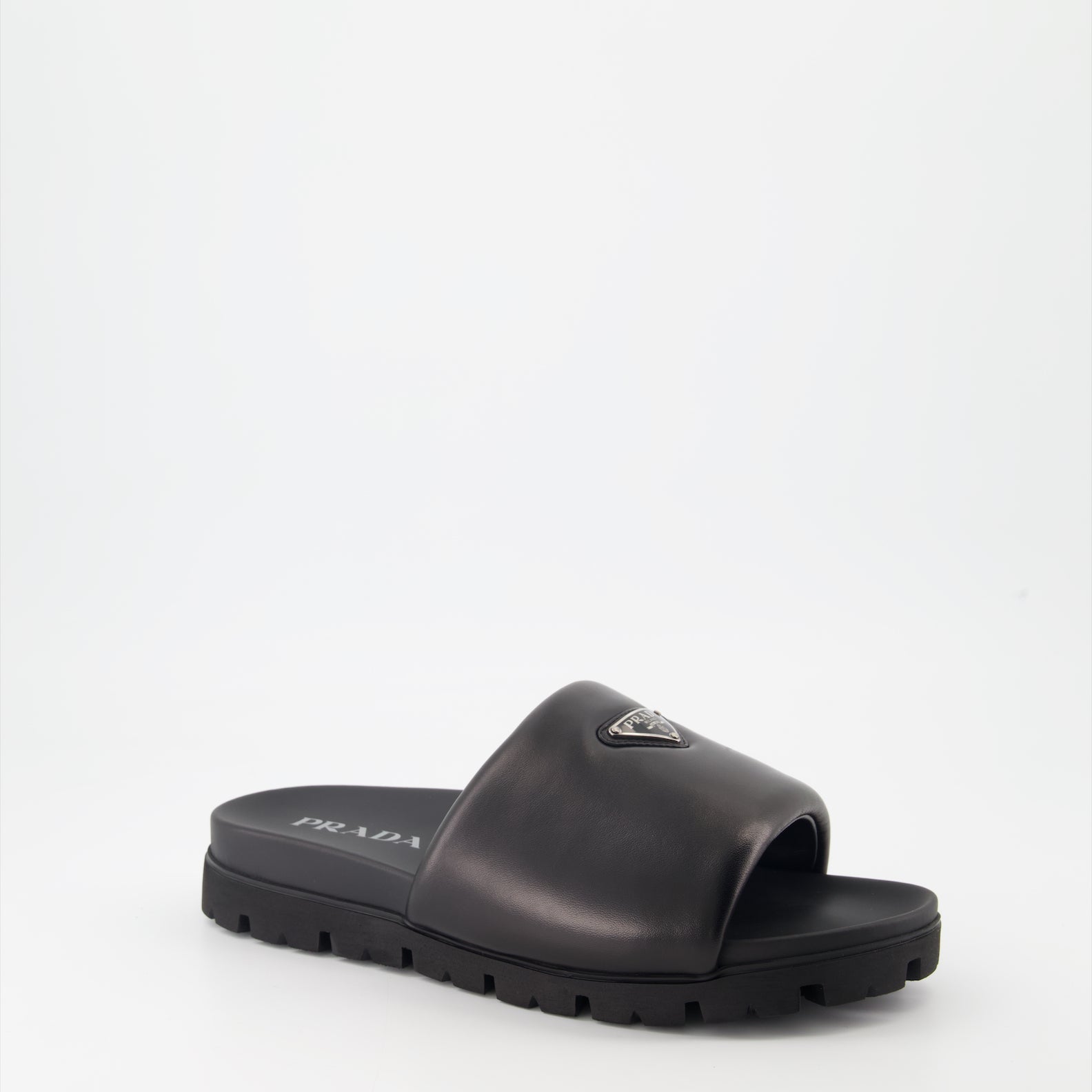 luxury slides, Prada slides, leather slides, black nappa leather, designer footwear