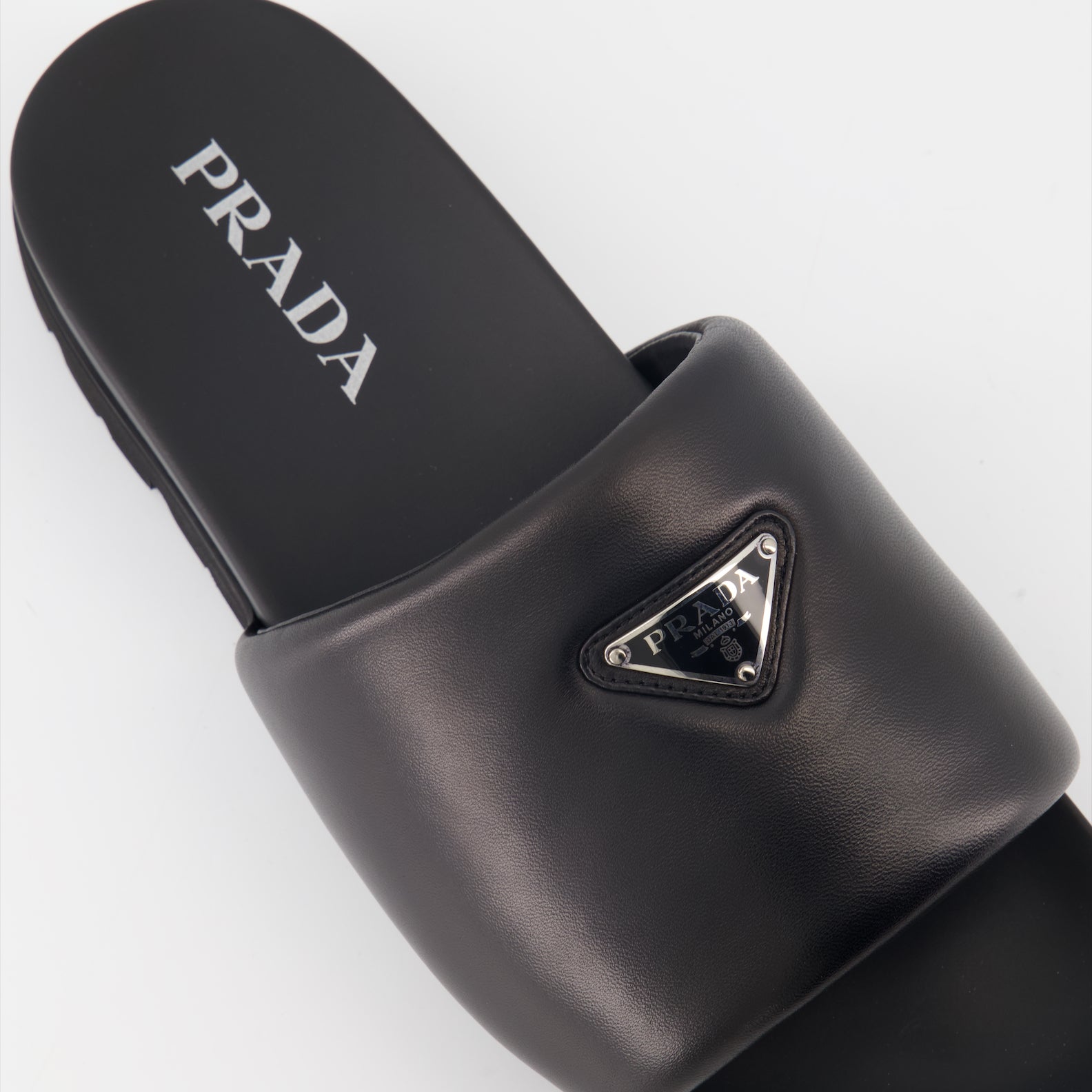 luxury slides, Prada slides, leather slides, black nappa leather, designer footwear