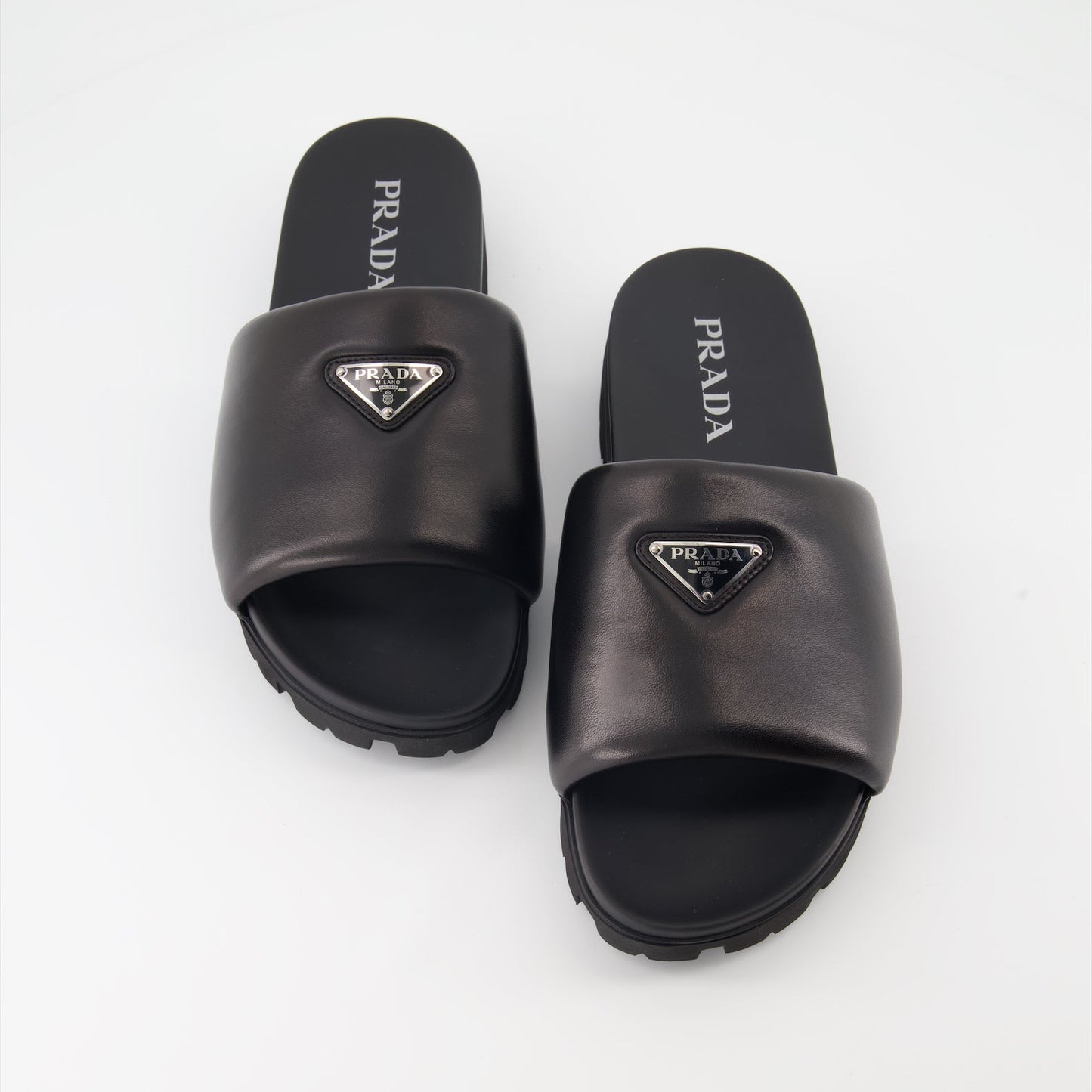 luxury slides, Prada slides, leather slides, black nappa leather, designer footwear