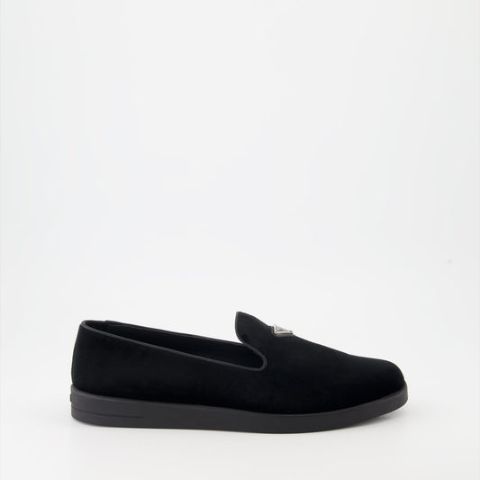 luxury loafers, black velvet shoes, Prada footwear, elegant suede loafers, men's designer shoes