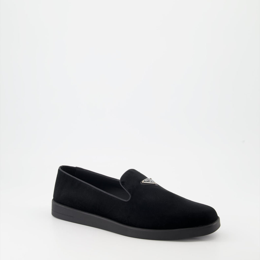 luxury loafers, black velvet shoes, Prada footwear, elegant suede loafers, men's designer shoes
