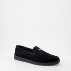 luxury loafers, black velvet shoes, Prada footwear, elegant suede loafers, men's designer shoes