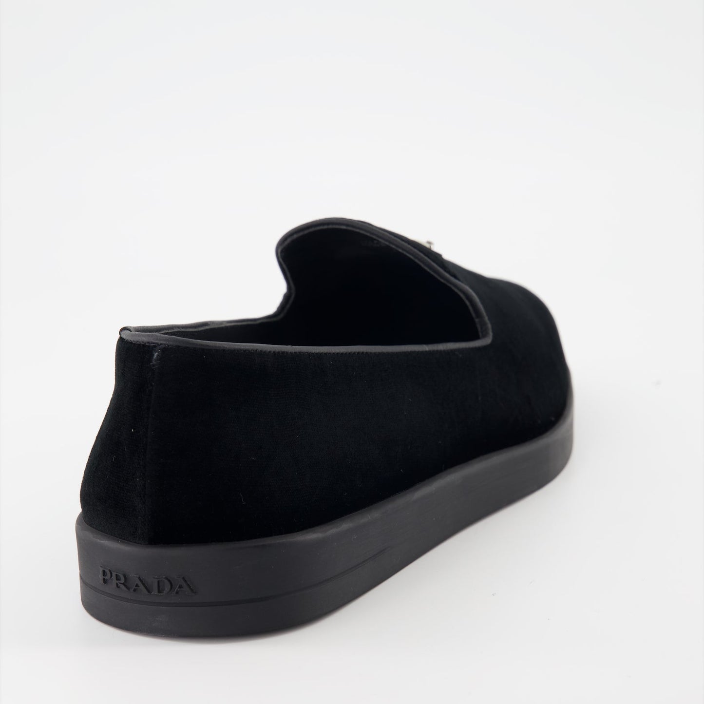 luxury loafers, black velvet shoes, Prada footwear, elegant suede loafers, men's designer shoes