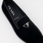 luxury loafers, black velvet shoes, Prada footwear, elegant suede loafers, men's designer shoes