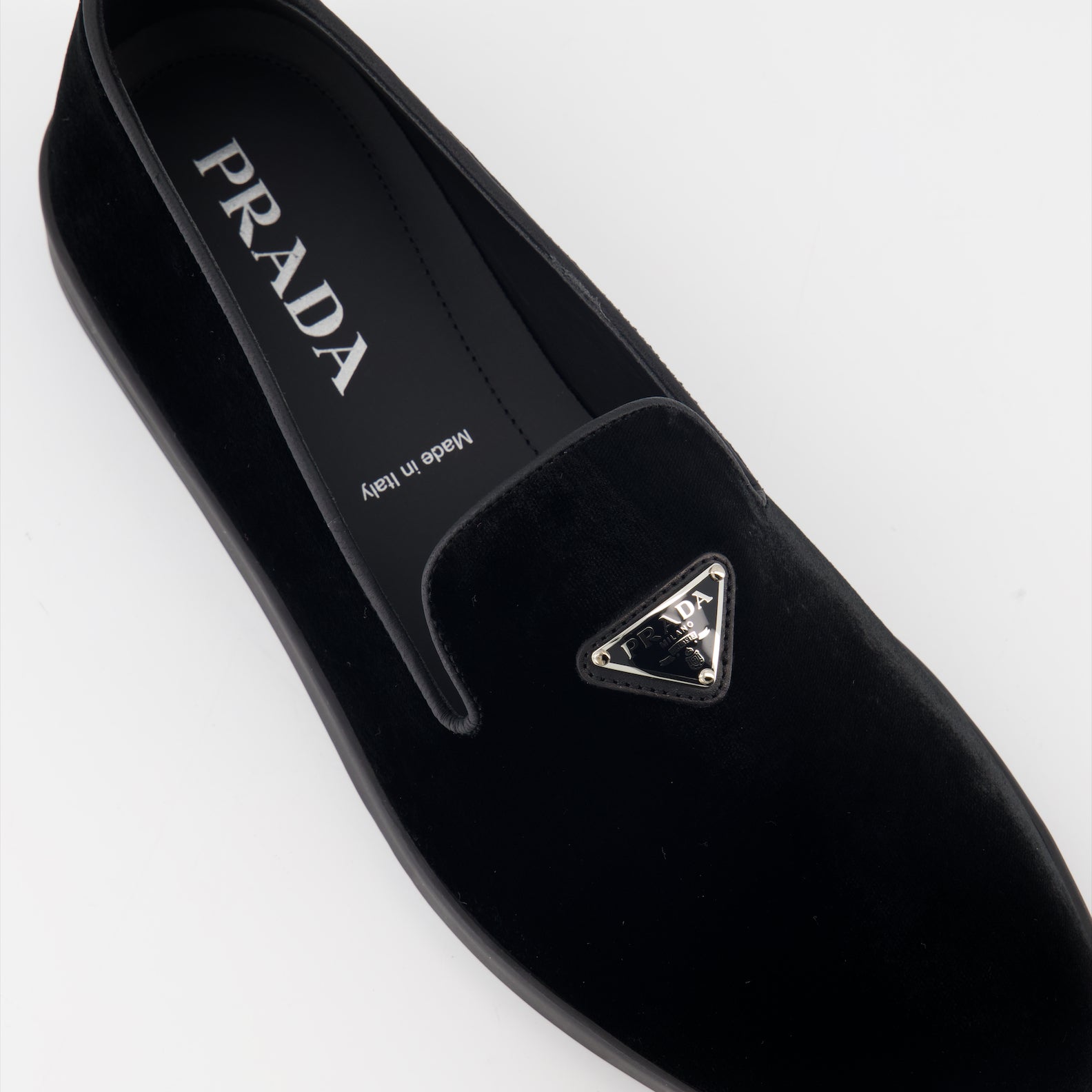 luxury loafers, black velvet shoes, Prada footwear, elegant suede loafers, men's designer shoes