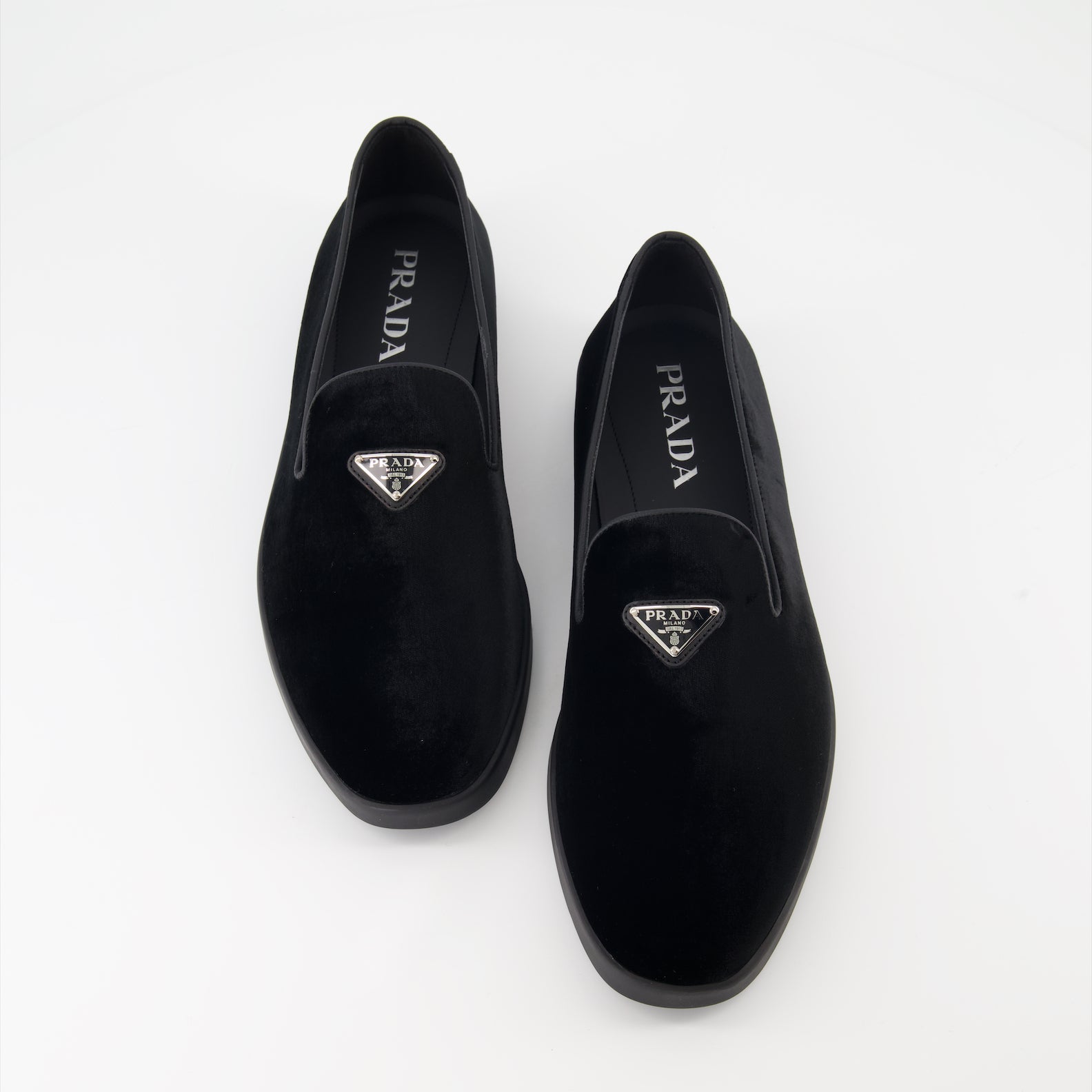 luxury loafers, black velvet shoes, Prada footwear, elegant suede loafers, men's designer shoes