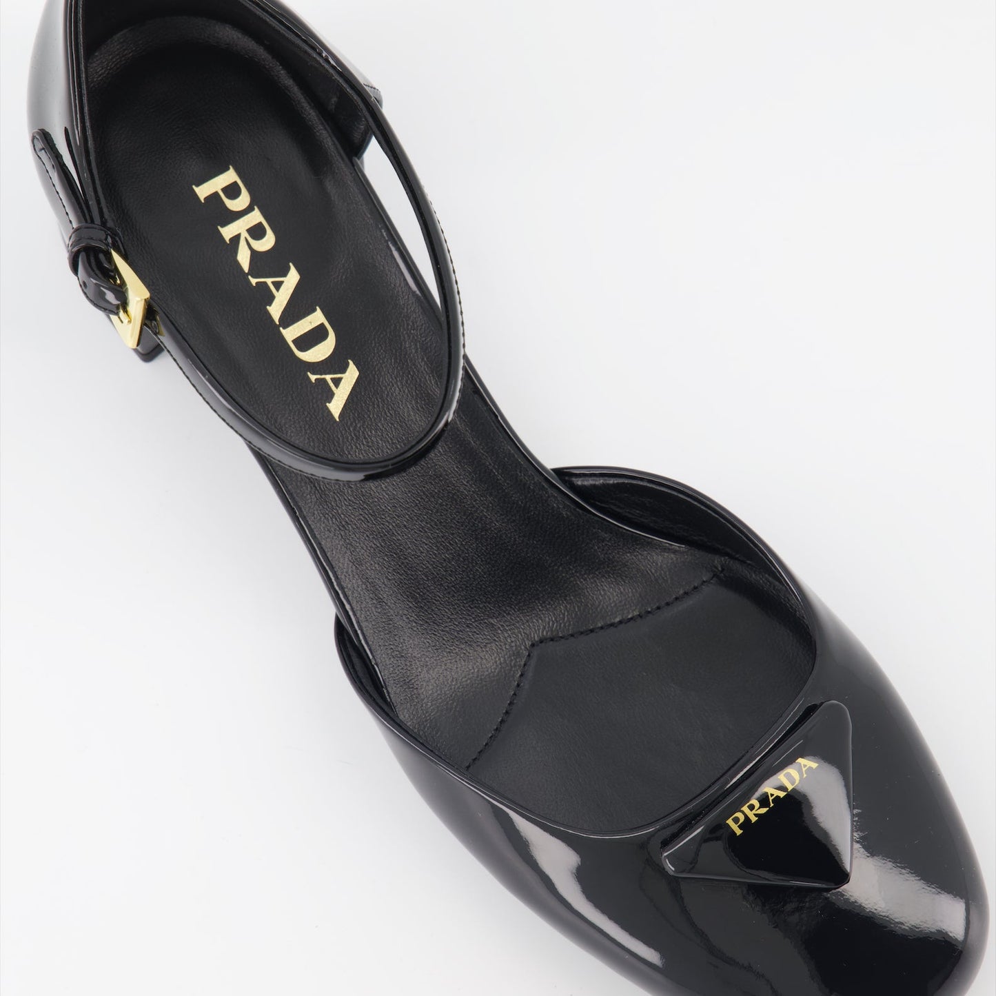 Prada stiletto heels, black patent leather shoes, luxury women's footwear, high-end stiletto shoes, elegant evening heels