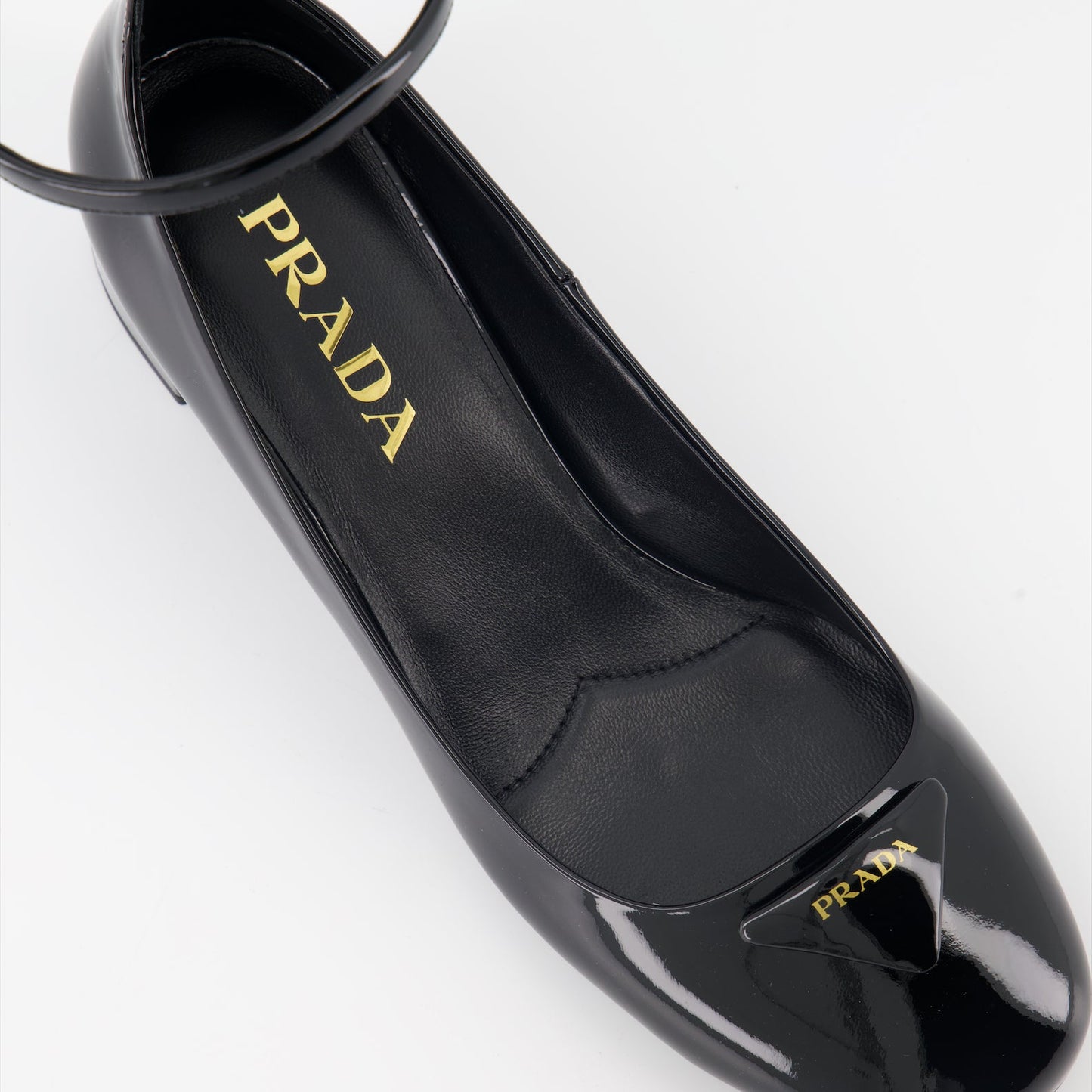 Prada heels, patent leather shoes, triangle logo heels, luxury footwear, Italian designer shoes