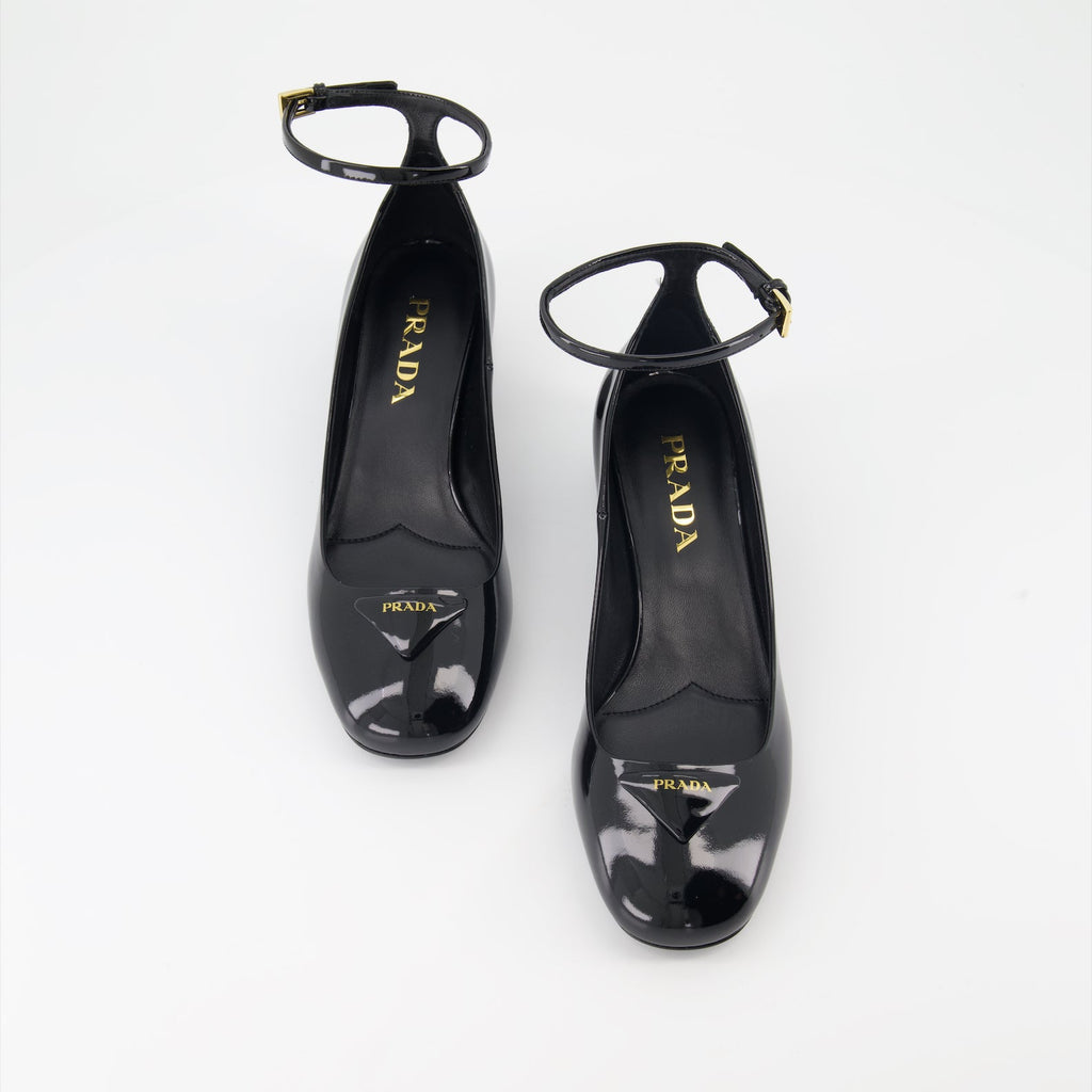 Prada heels, patent leather shoes, triangle logo heels, luxury footwear, Italian designer shoes