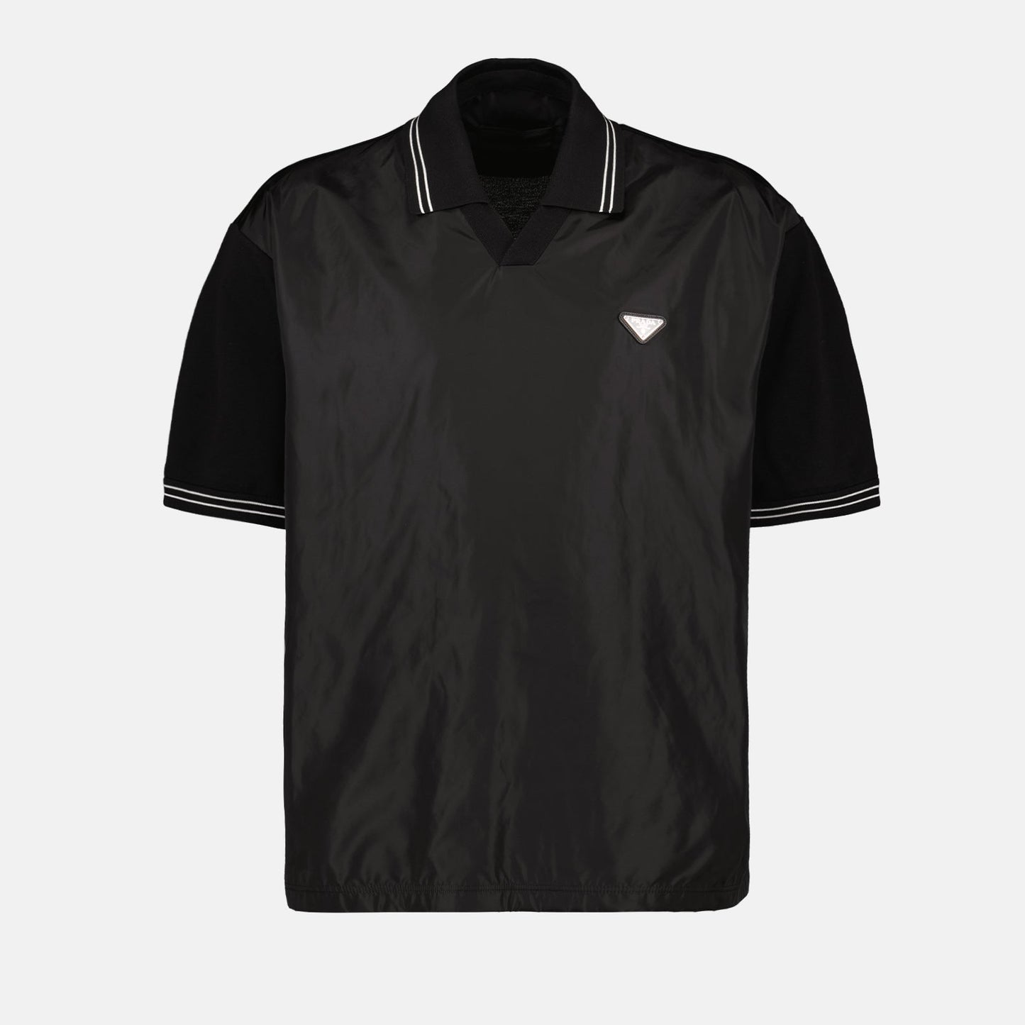 Prada polo, black bi-material polo, luxury men's polo, elegant polo shirt, high-end fashion