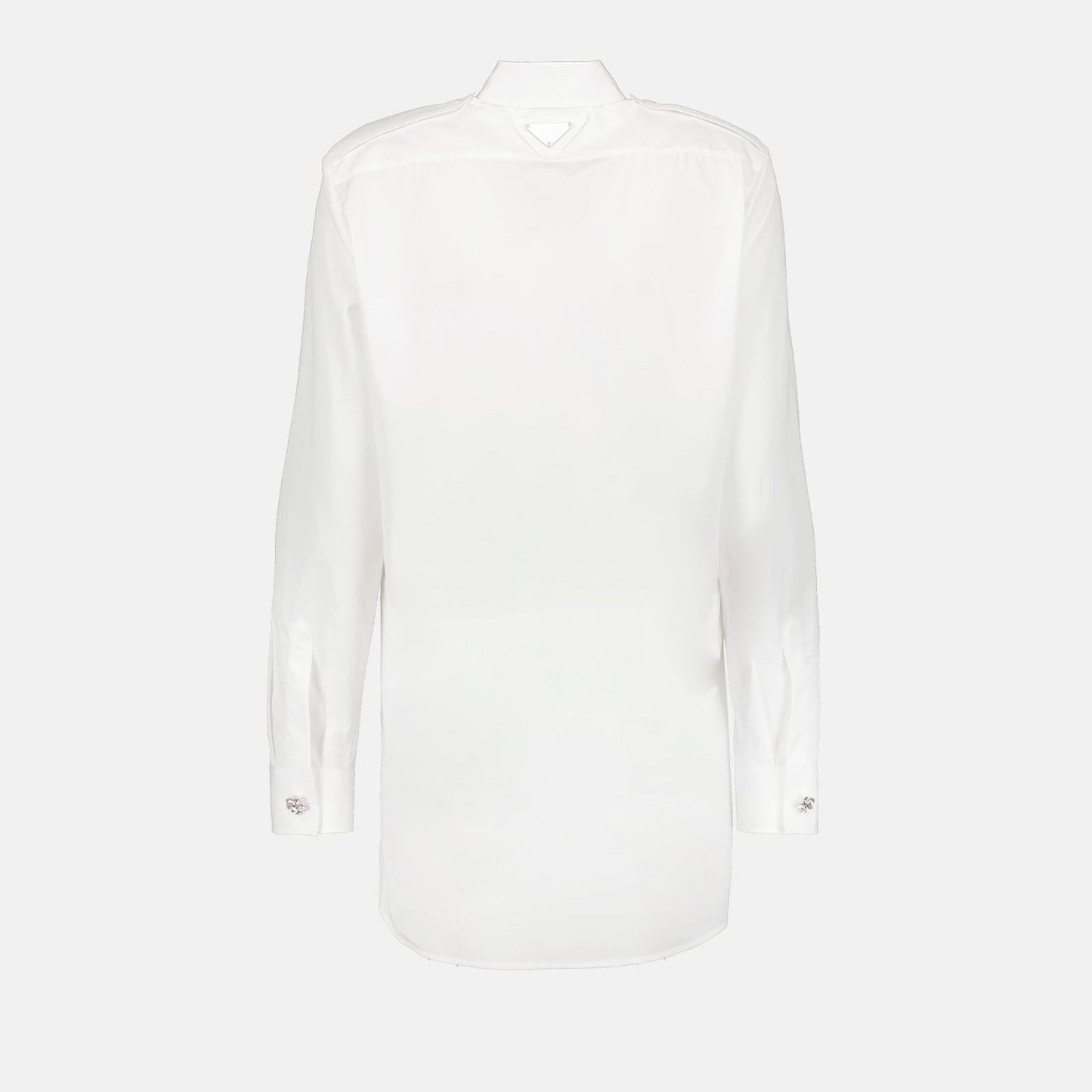 Prada, white shirt, jeweled buttons, luxury fashion, elegant clothing