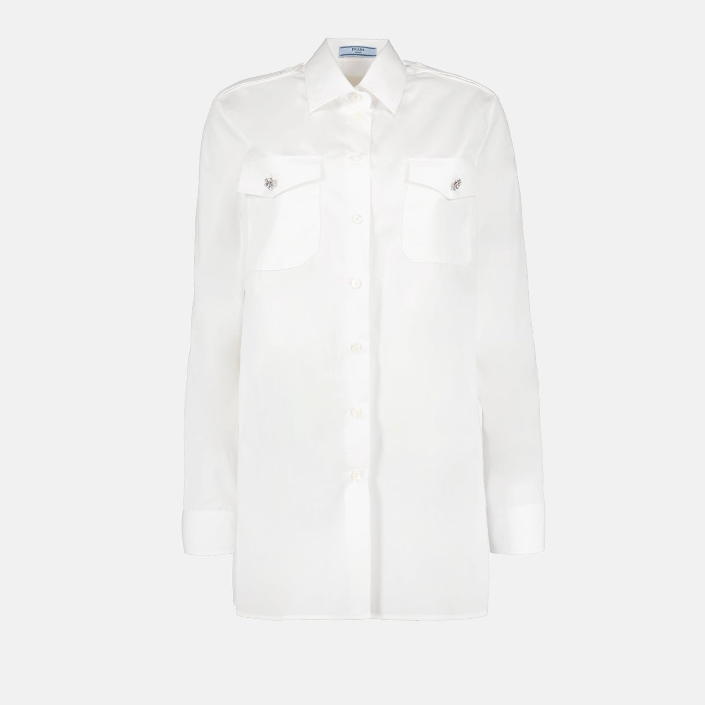 Prada, white shirt, jeweled buttons, luxury fashion, elegant clothing