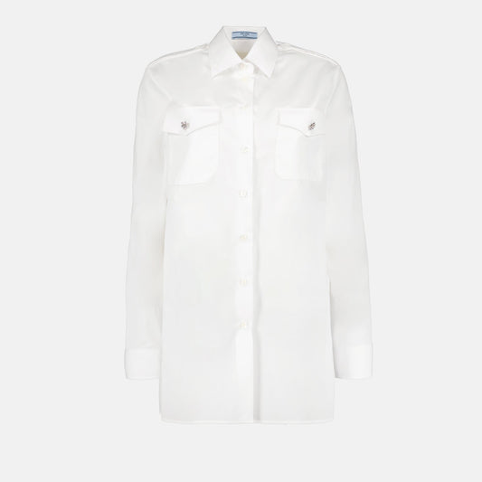 Prada, white shirt, jeweled buttons, luxury fashion, elegant clothing