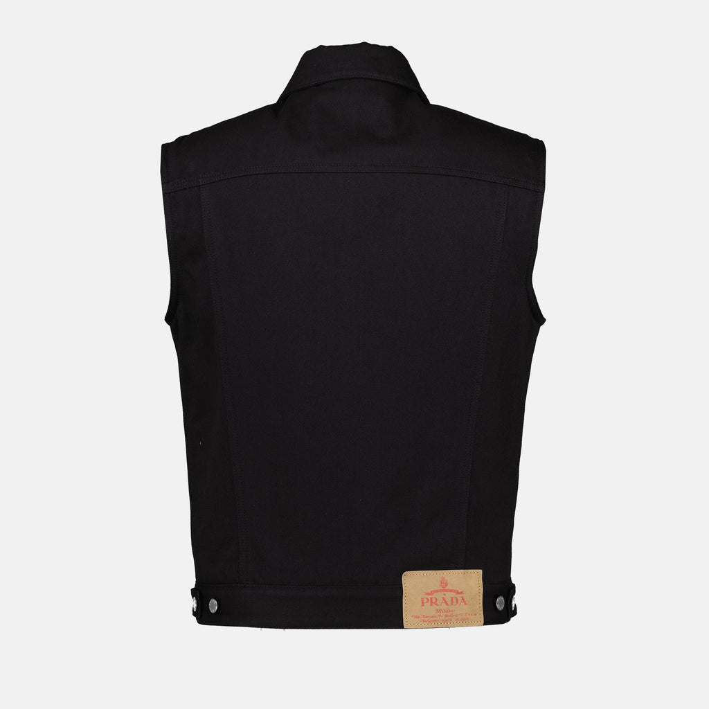 Image of Black Sleeveless Denim Vest by Prada for Men - Season Spring-Summer 2024 - Detail View 2