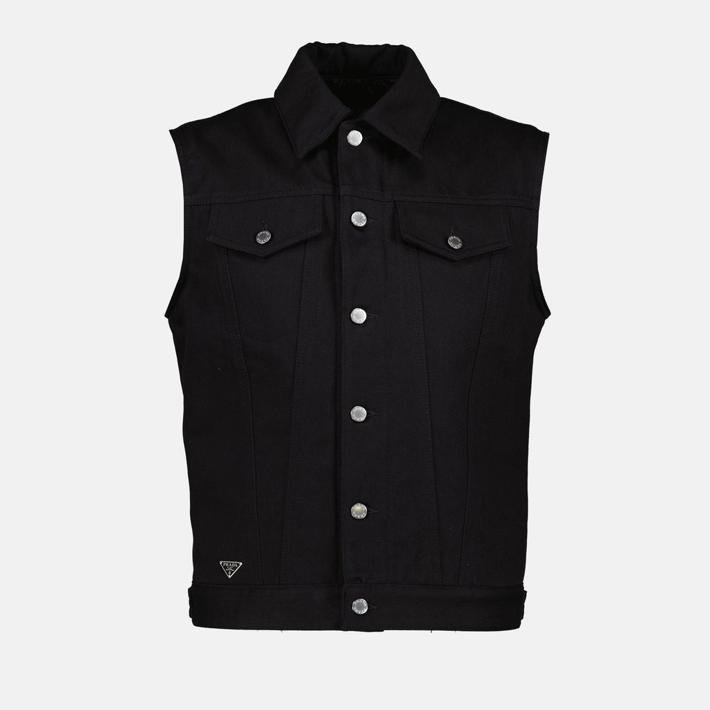 Image of Black Sleeveless Denim Vest by Prada for Men - Season Spring-Summer 2024 - Front View
