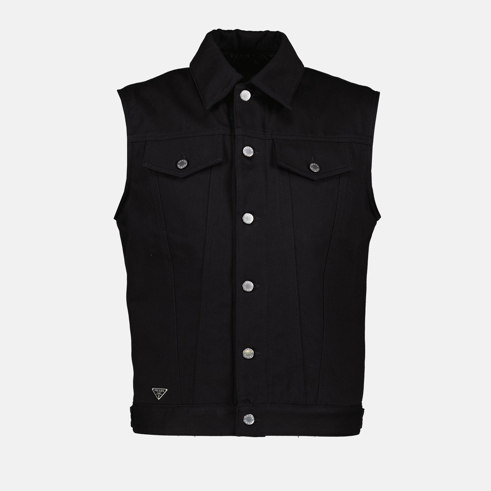 black denim vest, sleeveless denim, Prada vest, luxury streetwear, high-end denim