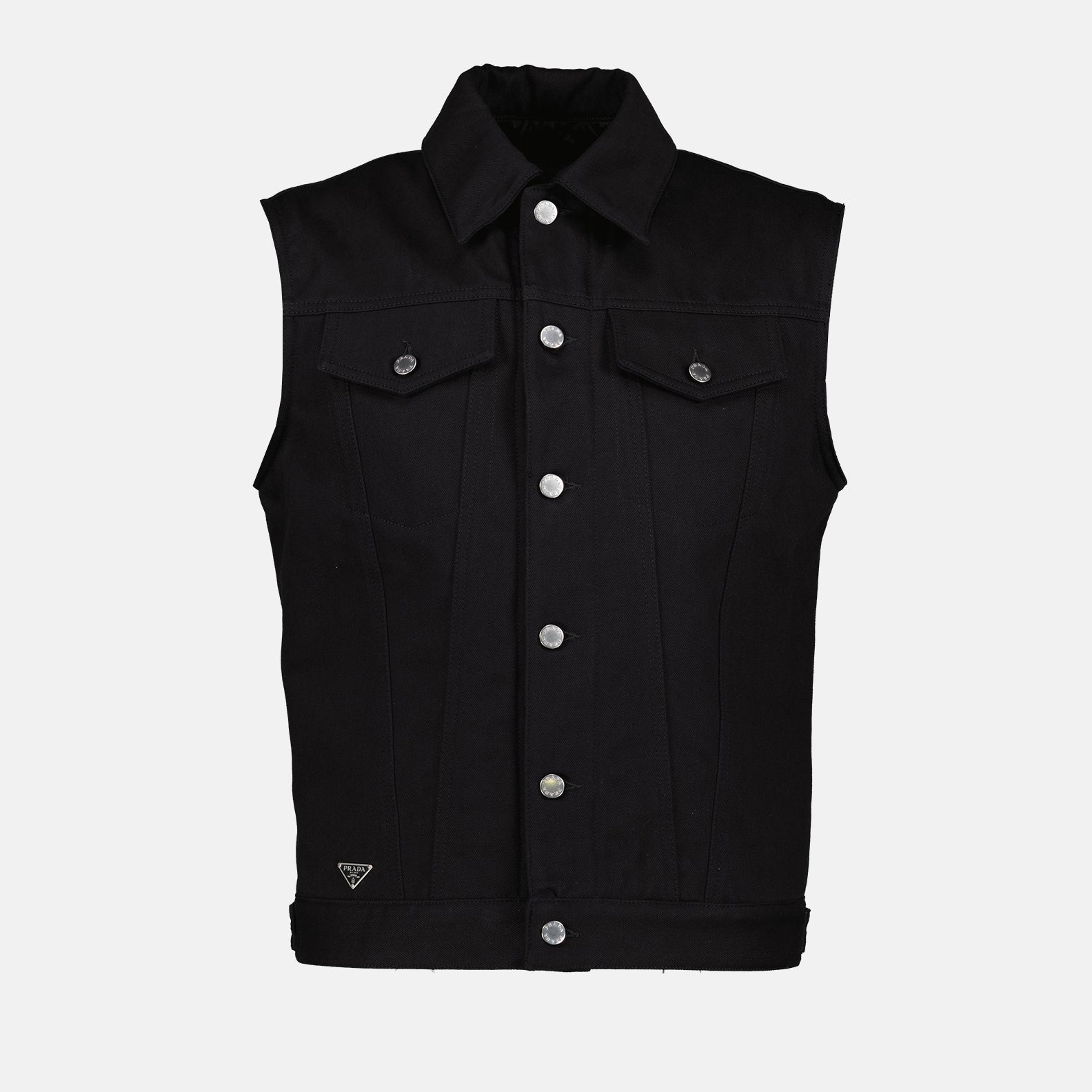 Image of Black Sleeveless Denim Vest by Prada for Men - Season Spring-Summer 2024 - Front View