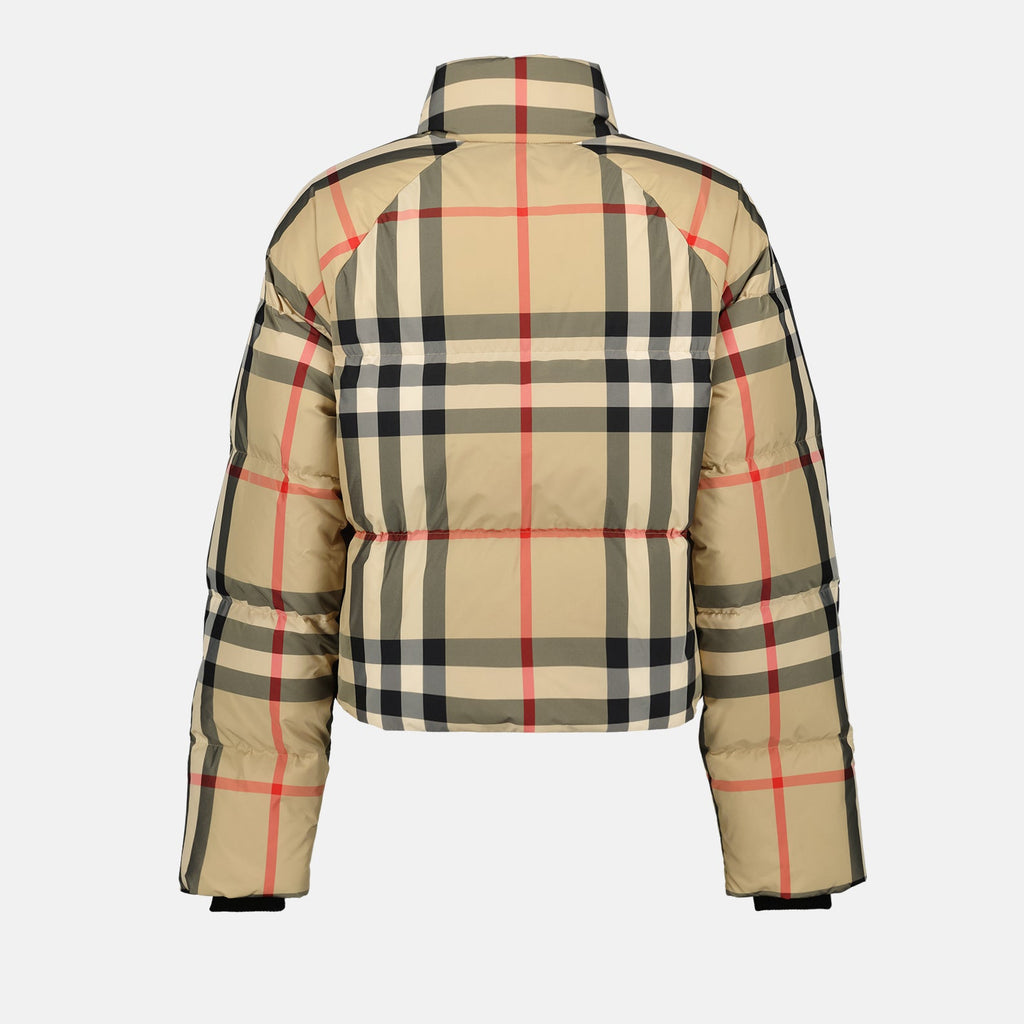 beige checkered down jacket, luxury outerwear, Burberry jacket, premium winter coat, elegant women’s jacket