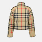 beige checkered down jacket, luxury outerwear, Burberry jacket, premium winter coat, elegant women’s jacket