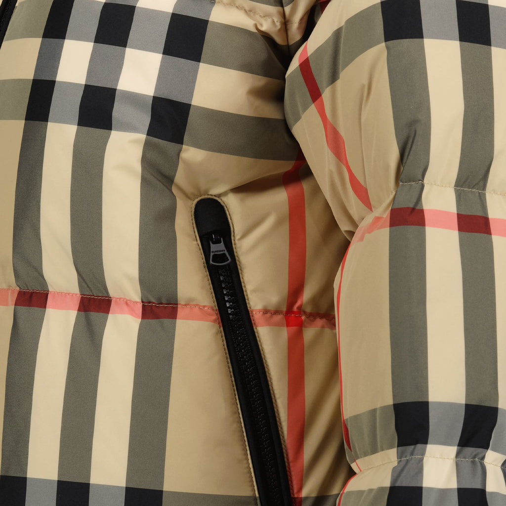 beige checkered down jacket, luxury outerwear, Burberry jacket, premium winter coat, elegant women’s jacket