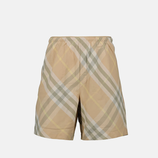 Burberry swim shorts, beige checkered swim shorts, luxurious swimwear, designer swim shorts, high-end beachwear